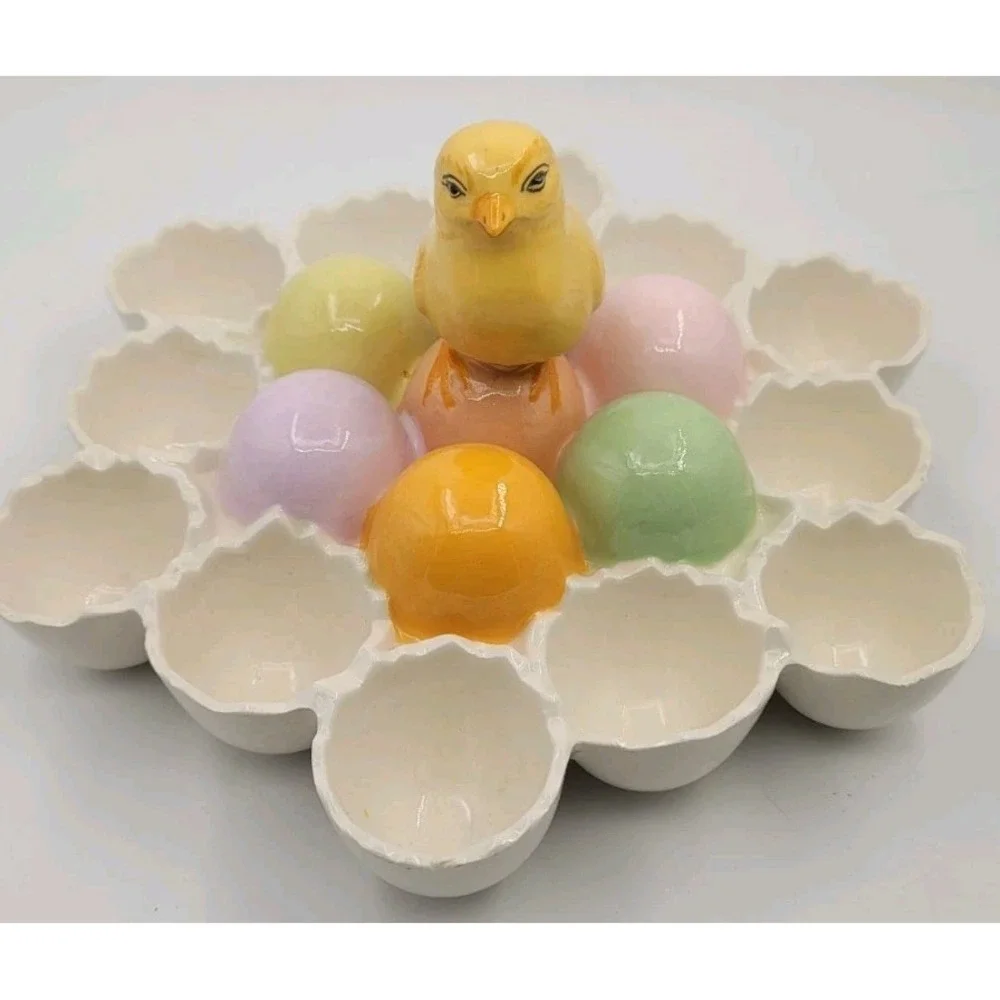 Vintage Easter Egg Ceremic Holder Chick With 12 Cracked‎ Egg Holders Deviled